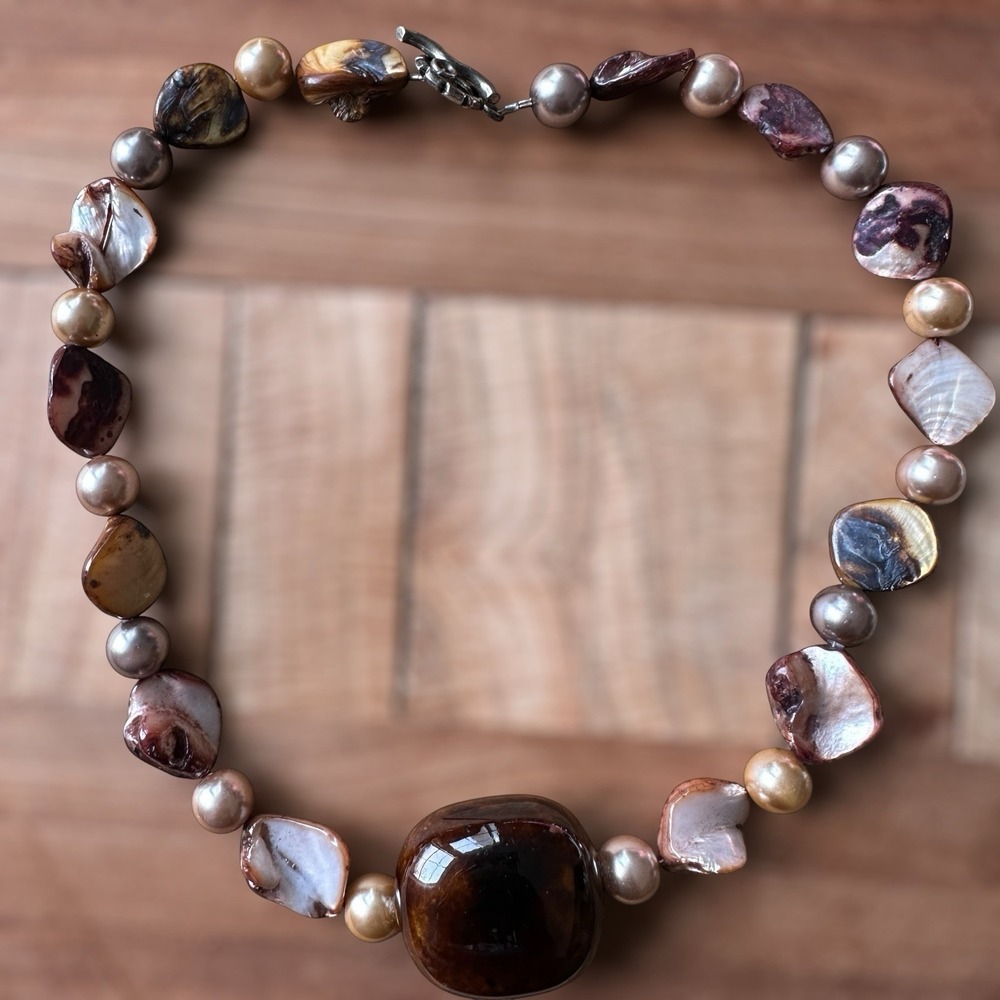 Statement Pendant Necklace 18 Inch Faux Pearl Abalone Shell Bead Crystal Ceramic